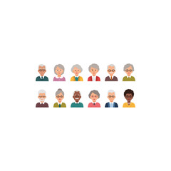 Diverse group of elderly people avatars representing different ethnicities and genders.