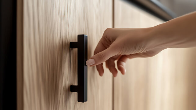 Close-up of a hand pulling a sleek black handle on a light wood cabinet door, showcasing clean lines and minimalist design with a focus on modern home decor.
