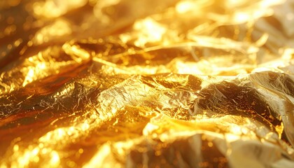 Close up texture of crumpled gold foil with glittering highlights and shadows soft warm lighting casting subtle shadows creating a luxurious abstract background