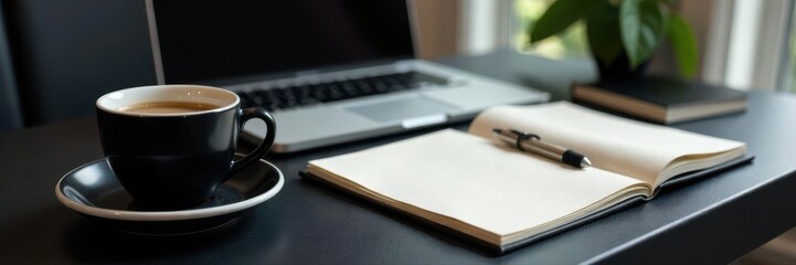 Sleek black leather desk, coffee mug, notepads, workspace, stylish, paper