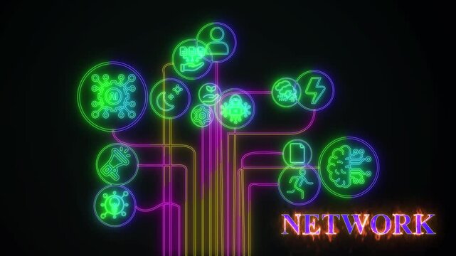 Network strategy concept. Marketing and brand management. Marketing strategy and thinking the look and feel of brand . Glowing neon line of branding icon. black background wk video. See Less