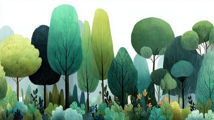 Watercolor style, Collection of decorative flat shrubs and panoramic view of garden shrubs and small trees
