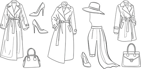 Obraz premium Fashion and style icons isolated on white background set of linear vector icons related to womens clothing, shoes, bags, and accessories elegant and trendy fashion collection for modern women