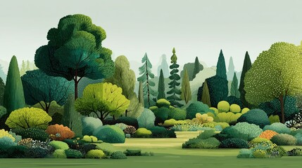 Watercolor style, Collection of decorative flat shrubs and panoramic view of garden shrubs and small trees
