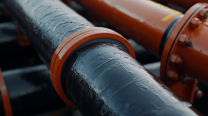 A close-up shows industrial pipes with orange flanges and black pipes, highlighting infrastructure and connectivity in a functional design against a neutral backdrop.