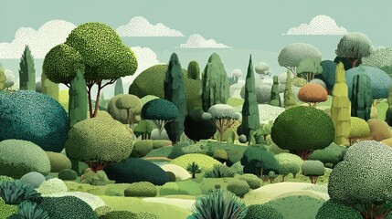 Watercolor style, Collection of decorative flat shrubs and panoramic view of garden shrubs and small trees
