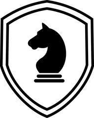 Black knight shield vector icon in flat and line style, chess horse emblem, armor protection symbol, medieval crest design, security badge silhouette, isolated illustration