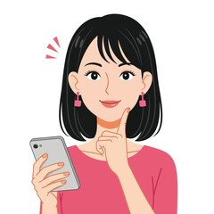 A young woman with black hair and a pink top holds a smartphone and touches her chin thoughtfully.