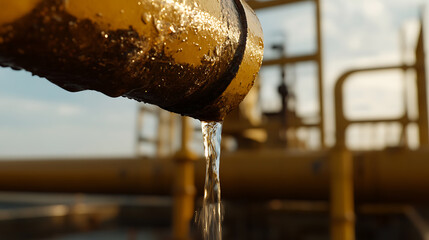 Water gushing from a yellow industrial pipe with visible wear. The background features blurred industrial structures under a bright sky, creating a stark, captivating visual contrast.
