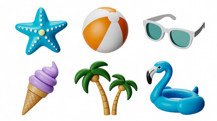 Summer beach 3D realistic render vector icons set with inflatable ball, sunglasses, starfish, palm tree, flamingo, and ice cream.