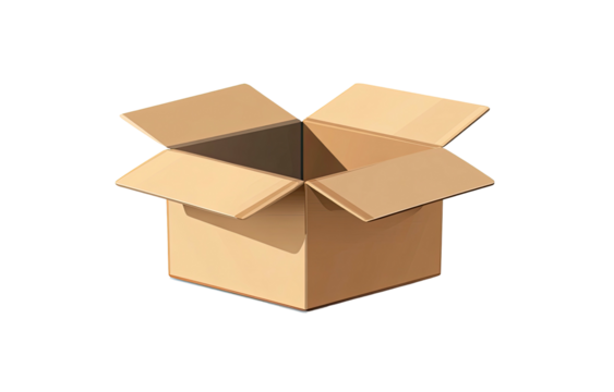 An open cardboard box with flaps extended outwards, rendered in a simple cartoon-like style against black