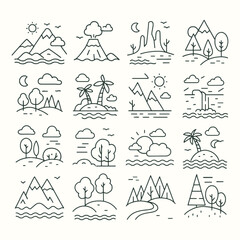 Minimalist line art icons of nature and landscape elements, perfect for travel designs, logos, or environmental graphics.