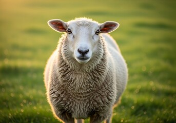 Fototapeta premium A fluffy white sheep stands in a vibrant green field, looking directly at the camera with soft, warm light illuminating its wool.