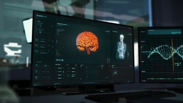 Computer screens showing the brain research software working. Scanning through the Patient's skull for the scientific brain research. Brain research has identified the deadly tumor. User interface.
