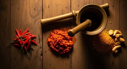 An overhead view of Indonesian sambal ingredients: fresh red chilies, homemade chili paste, turmeric powder, and roots with a brass mortar and pestle.