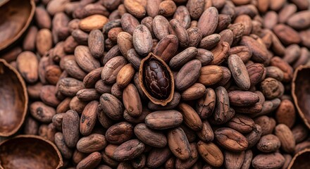 Obraz premium Close-up of raw cocoa beans with a broken pod, revealing the seed within, ready for chocolate production.