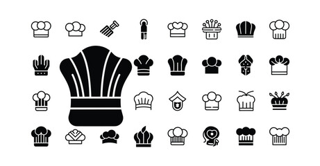 A collection of black and white chef hat icons in various styles and designs arranged neatly silhouette