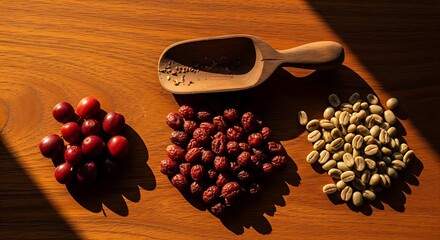 An array of coffee cherries in three forms: fresh, dried red, and green unroasted beans, with a wooden scoop on a sunlit wooden table.