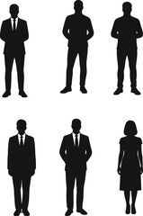 Silhouette collection of business people standing in formal and casual attire, vector illustration for corporate, office, and professional design projects