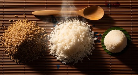 The transformation of rice: husked brown rice, steamed white rice, and a mound of cooked sticky rice on a banana leaf and woven mat.
