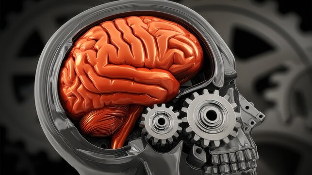 Analyzing brain functionality mechanisms of thought in a gear-infused skull science lab infographic style close-up neuroengineering