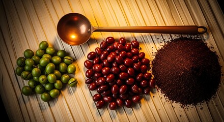 An arrangement showcasing the coffee process: green beans, ripe red cherries, and dark roasted coffee grounds, with a copper spoon.