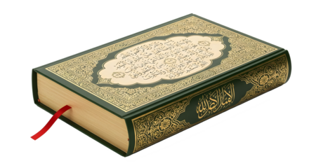 Holy quran book isolated on transparent background with gold decoration and bookmark