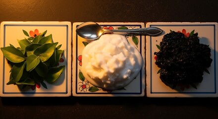 A stark contrast of kaffir lime leaves, thick coconut foam, and a dark paste (such as tapai or black rice paste) on decorative tiles.