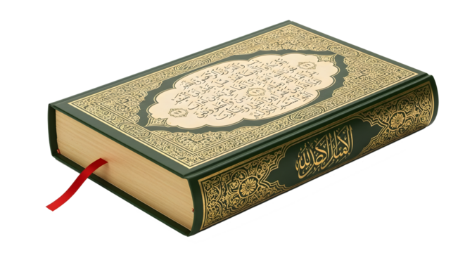 Holy quran book isolated on transparent background with gold decoration and bookmark