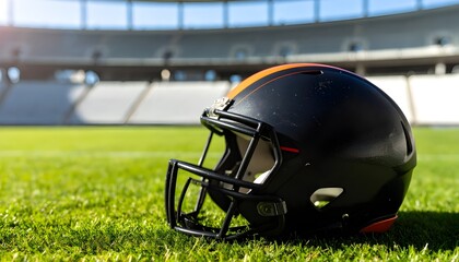 Close-up of a rugby helmet lying on green grass at a stadium, under bright sunlight. Realistic sports scene symbolizing strength, protection, and competition.