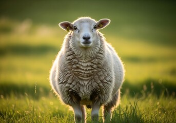 Fototapeta premium A fluffy white sheep stands in a sunlit green field, looking directly at the viewer.