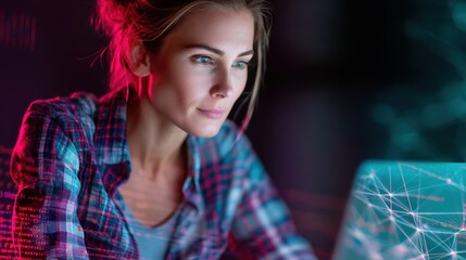 Focused woman engaged in coding at a computer home office digital art contemporary close-up technology advancement