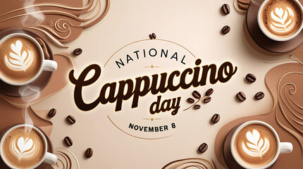 cappuccino-themed banner declaring National Cappuccino Day, with coffee beans and decorative swirls, HD and 4k image