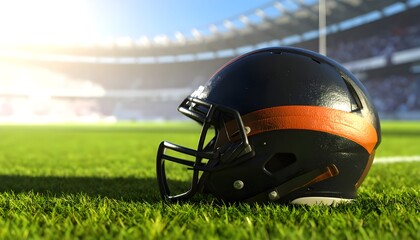 Close-up of a rugby helmet lying on green grass at a stadium, under bright sunlight. Realistic sports scene symbolizing strength, protection, and competition.