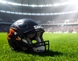 Close-up of a rugby helmet lying on green grass at a stadium, under bright sunlight. Realistic sports scene symbolizing strength, protection, and competition.