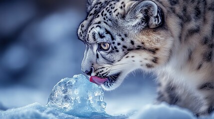 A macro single shot of a snow leopard licking a melting icicle, snowy Himalayan peaks faintly blurred in the background. -