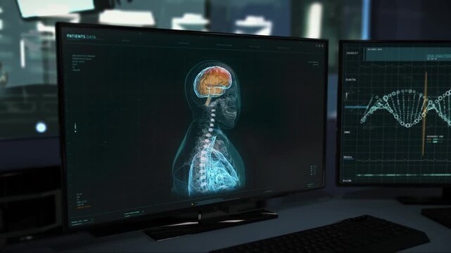 Futuristic medical examination of the 3D projected human Body. Futuristic medical examination of the deformities of the patient&rsquo;s brain. Futuristic medical examination at the modern health care center