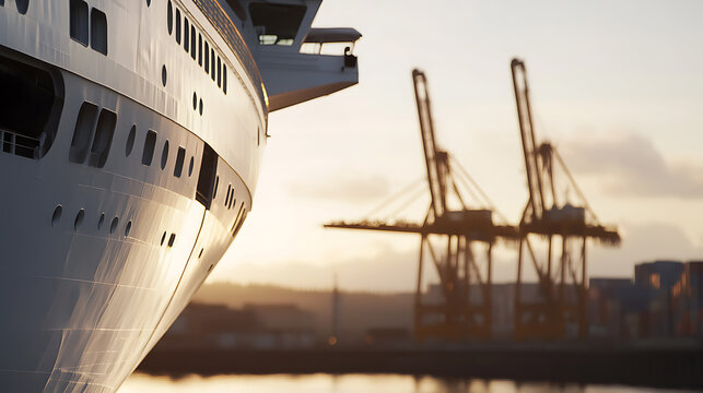 Sunlit cruise ship docked at port, showcasing its size. Reflections shimmer on the water's surface. Cranes stand as industry symbols, bathed in the warm glow of dusk light. - Powered by Adobe
