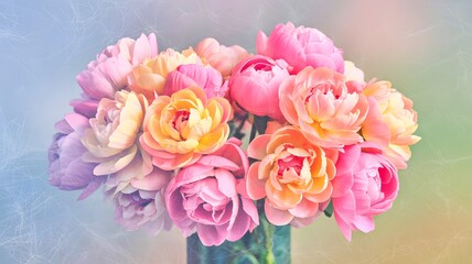 Fototapeta premium A beautiful bouquet of soft pink, peach, and yellow peonies with delicate petals, artfully arranged in a vase, presented with a dreamy, pastelcolored textured background