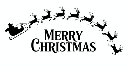 Merry christmas text with santa claus in a sleigh pulled by a team of reindeer in silhouette against a white background