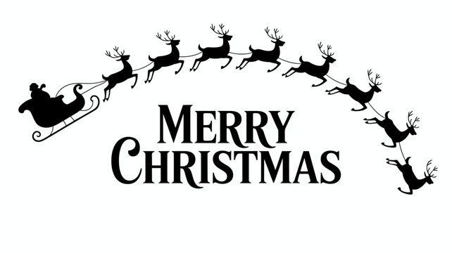 Merry christmas text with santa claus in a sleigh pulled by a team of reindeer in silhouette against a white background