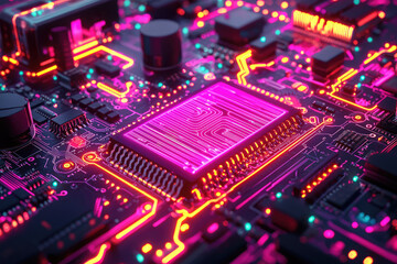 Fototapeta premium Vibrant neon pink and orange light illuminates a futuristic circuit board. Intricate digital pathways converge on a glowing central chip, showcasing advanced technology.