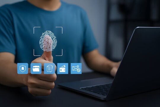 Thumb scanning biometric icon beside laptop for secure access.