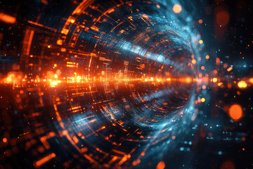 Obraz premium A futuristic digital tunnel glows with vibrant orange and blue light, depicting rapid data flow and complex interconnected modern networks.