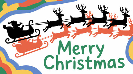 Whimsical merry christmas greeting card featuring santa claus in a sleigh pulled by reindeer with colorful abstract background elements