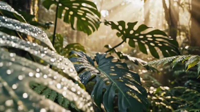 Close-up view of lush tropical rainforest foliage with morning sunlight streaming through the trees. Dewdrops sparkle on large green monstera and fern leaves, creating a fresh and vibrant atmosphere.