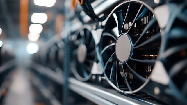 A macro shot captures GPU cooling fans in a crypto mining rig, set in a focused industrial environment. The system's performance & thermal management are highlighted.