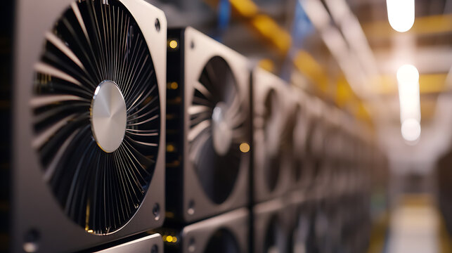 A low-angle shot of digital currency mining hardware in a server room. The graphics cards form a grid, with fans visible, under bright lights. Focus is on the foreground. - Powered by Adobe