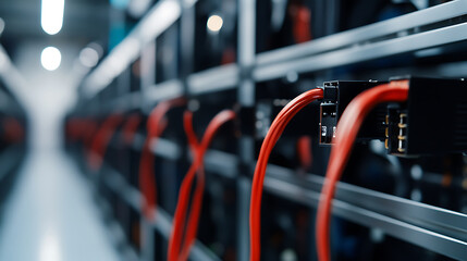 Data center servers with bright red network cables plugged into them. A long row of servers stretches down a hallway, with a blurred background. The cables create depth.