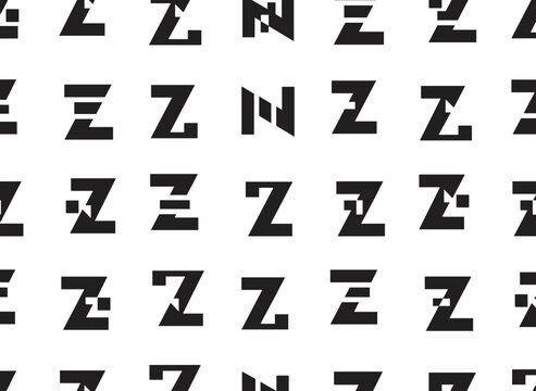 A vectorized, seamless alphabet pattern featuring bold black Latin letters set against a distinctive white background, creating a trendy fashion design centered on the letter Z